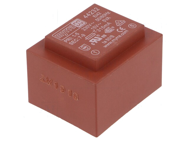 Transformator: ingegoten; 5VA; 230VAC; 15V; 333mA; PCB Transformator: ingegoten; 5VA; 230VAC; 15V; 333mA; PCB